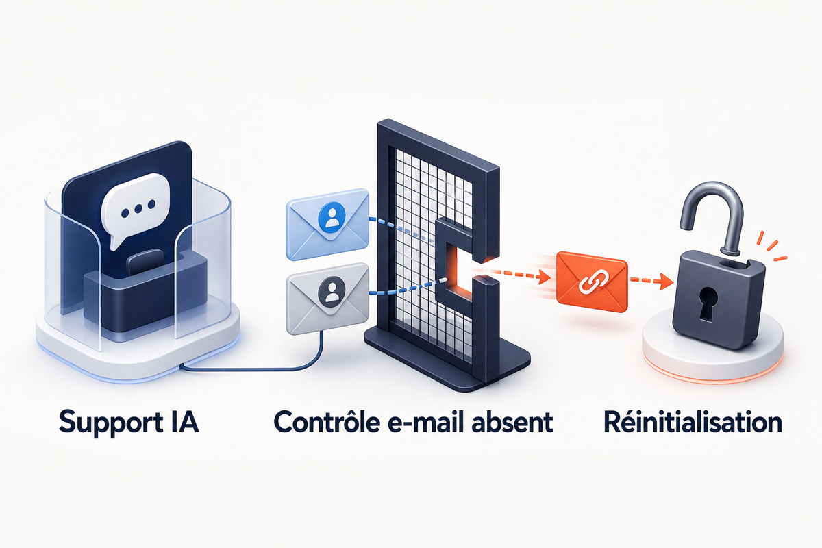 Illustration éditoriale montrant le lien entre support IA, contrôle e-mail absent et réinitialisation de compte.