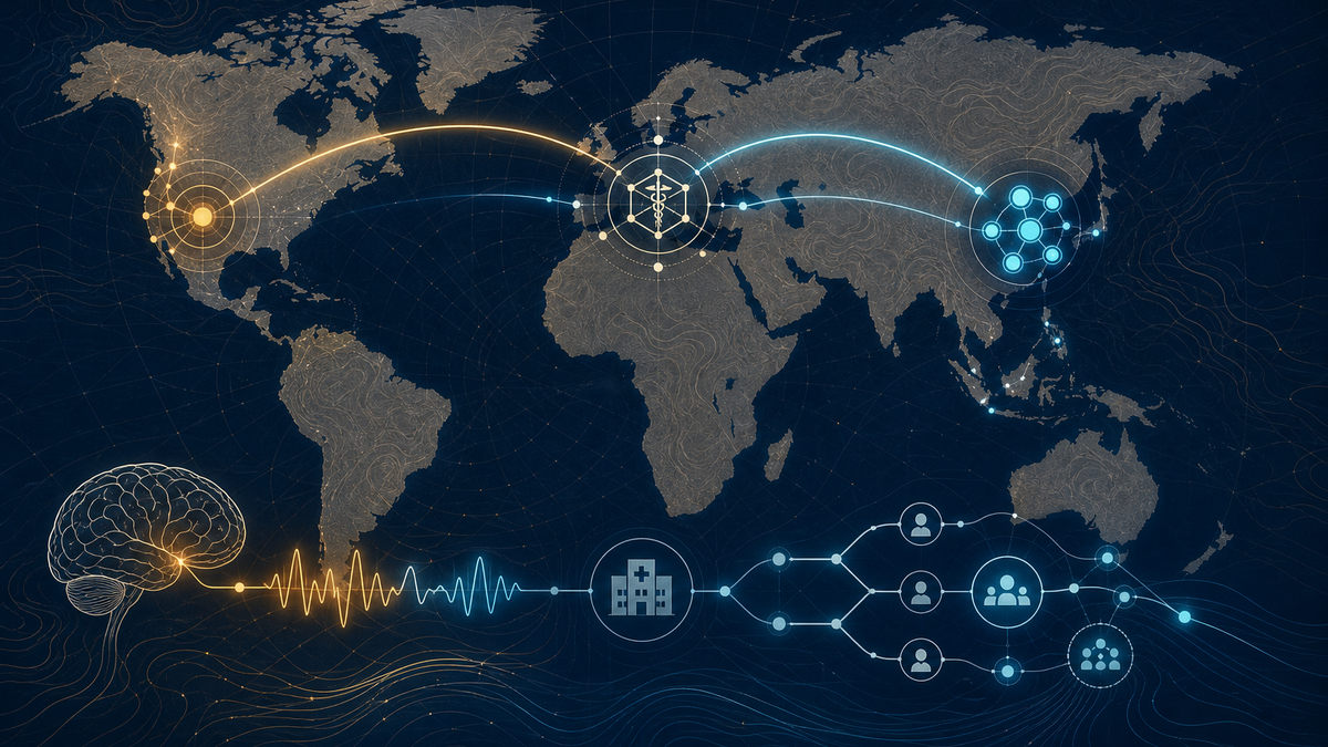 Abstract editorial map of global neurotech hubs and access-to-care systems
