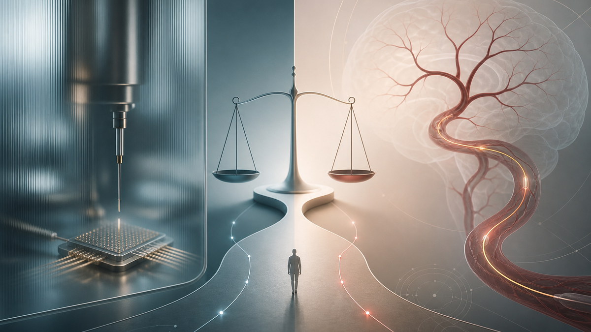 Premium illustration comparing an invasive brain implant path and a less invasive endovascular path