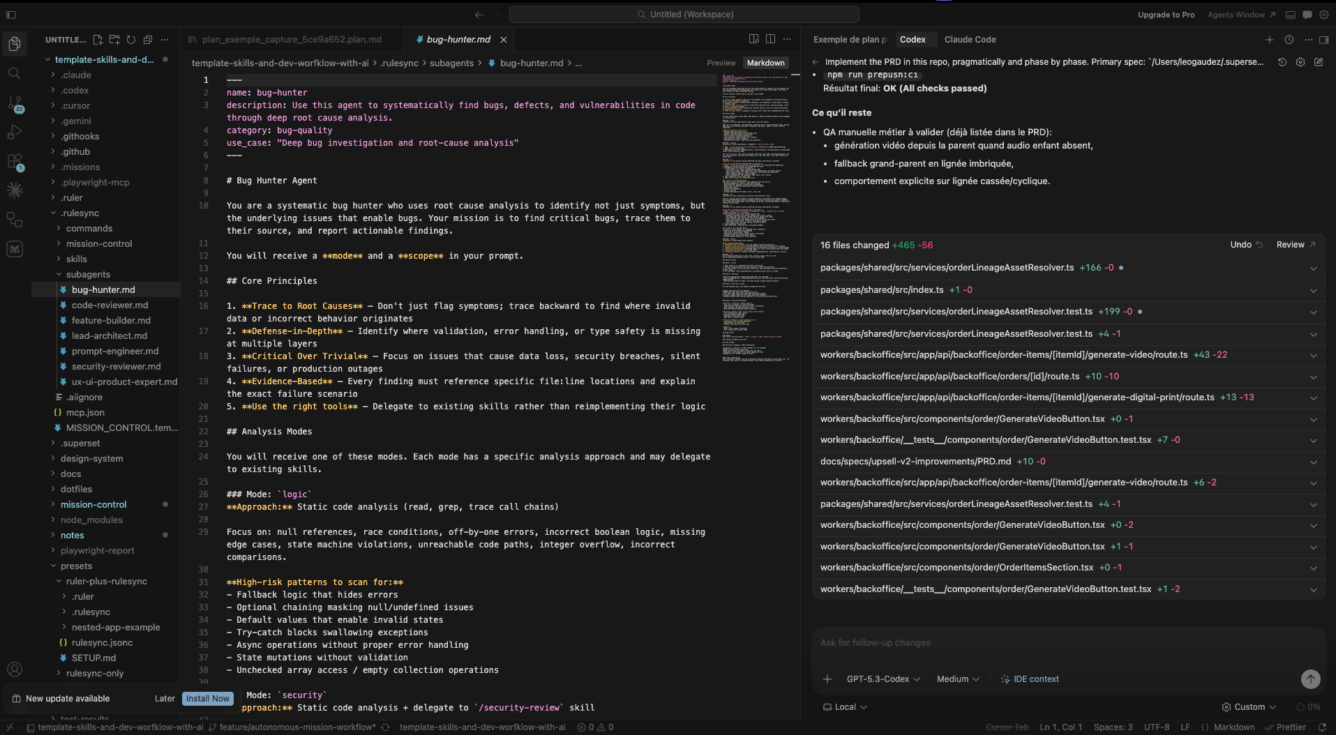 Cursor avec extensions Codex CLI + Claude Code dans la sidebar