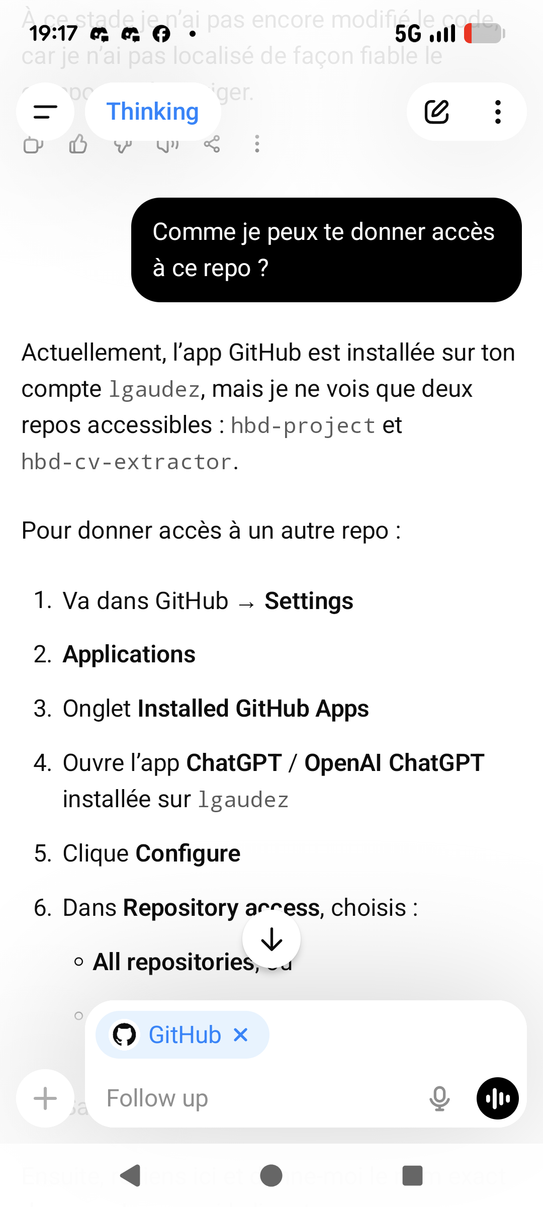 ChatGPT sur mobile avec accès GitHub configuré